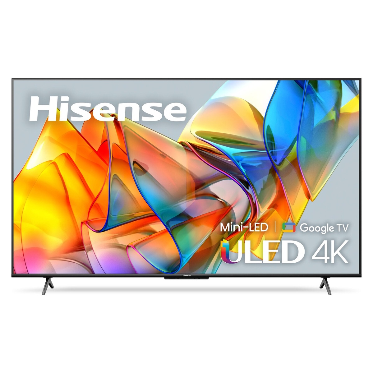Front view of a Hisense television displaying the words Mini-LED, Google TV, and ULED 4K