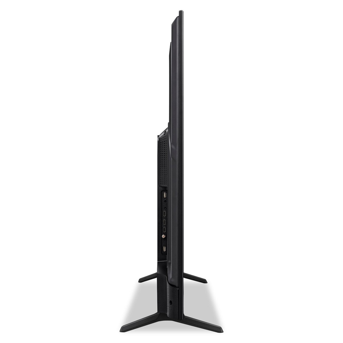 Side profile view of the Hisense TV on its stand showing a slim screen edge and rear housing