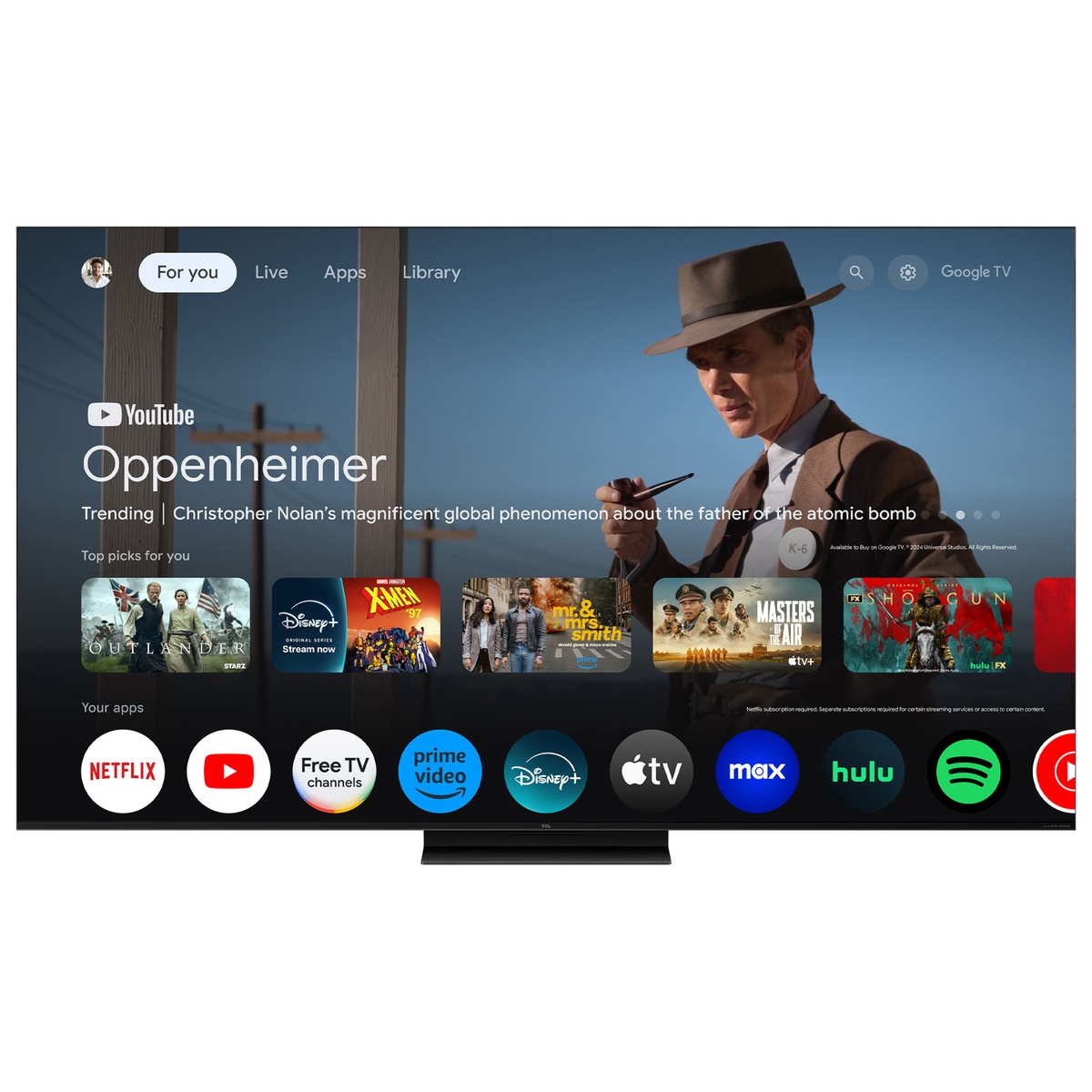 Front view of the TCL TV showing the Google TV home screen with streaming app icons and content rows