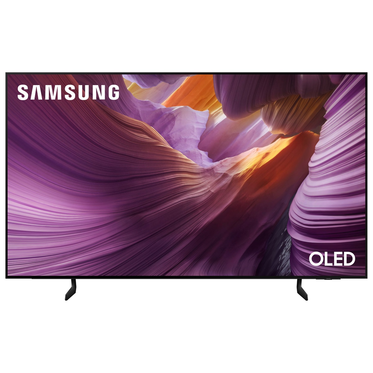 Front view of a Samsung OLED TV with thin bezel and two feet stands