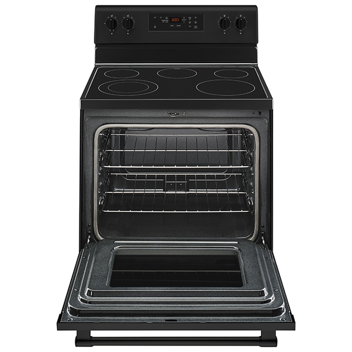 Black Maytag freestanding electric range with the oven door open, showing two oven racks