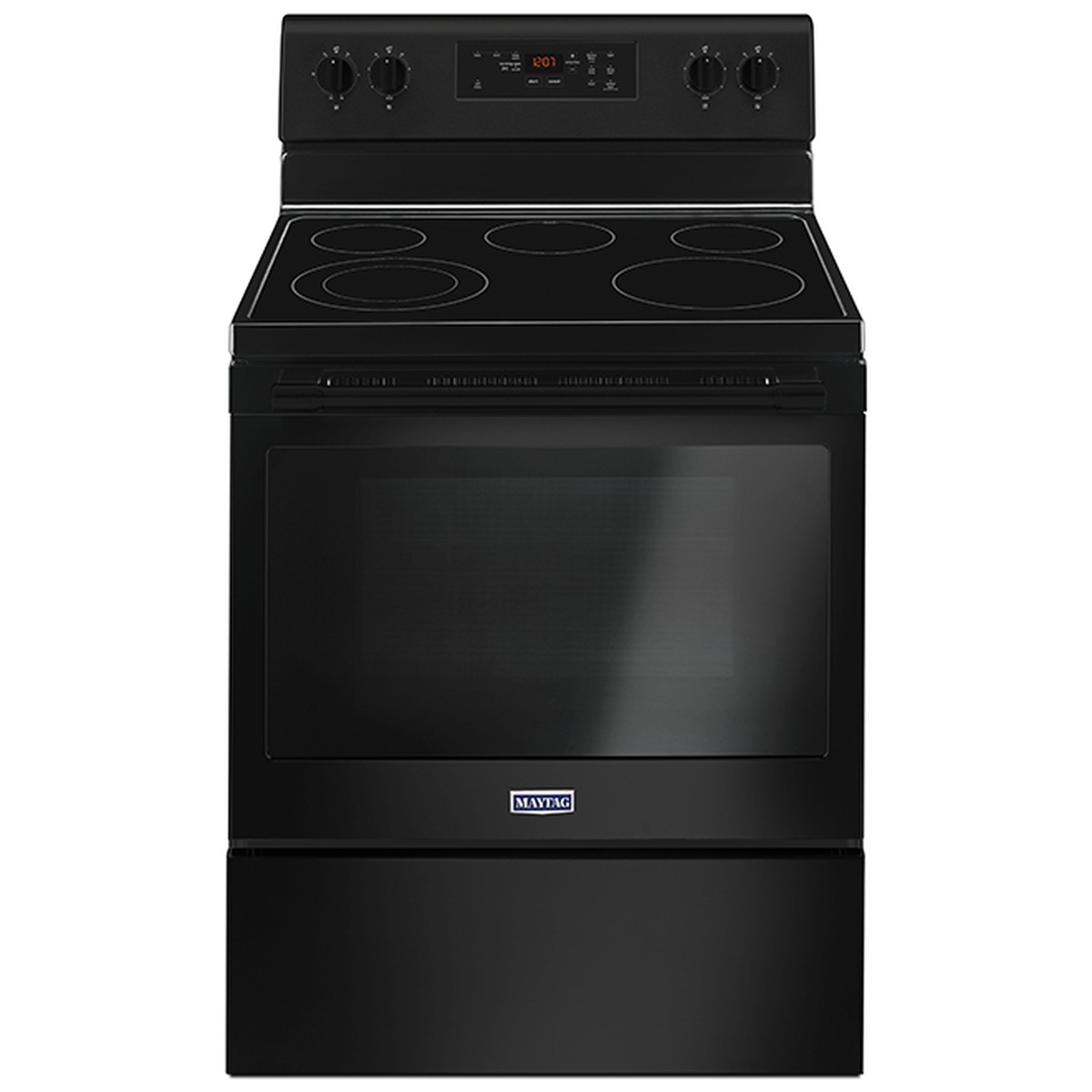 Front view of a black Maytag freestanding electric range with smooth cooktop, knob controls, and a digital control panel