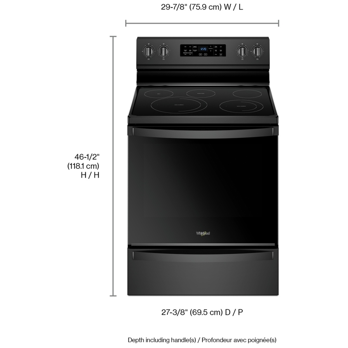 Whirlpool electric range with labeled exterior dimensions: 29-7/8 in wide, 46-1/2 in high, and 27-3/8 in deep including handle