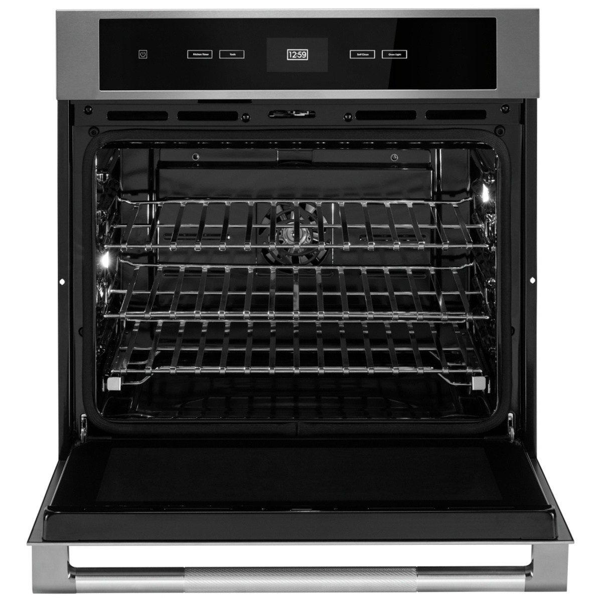 JennAir single wall oven with door open showing black interior, three racks, interior lights, and rear convection fan