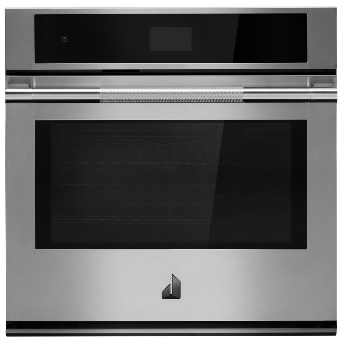 Front view of JennAir stainless steel single wall oven with a wide textured handle and black glass upper control panel