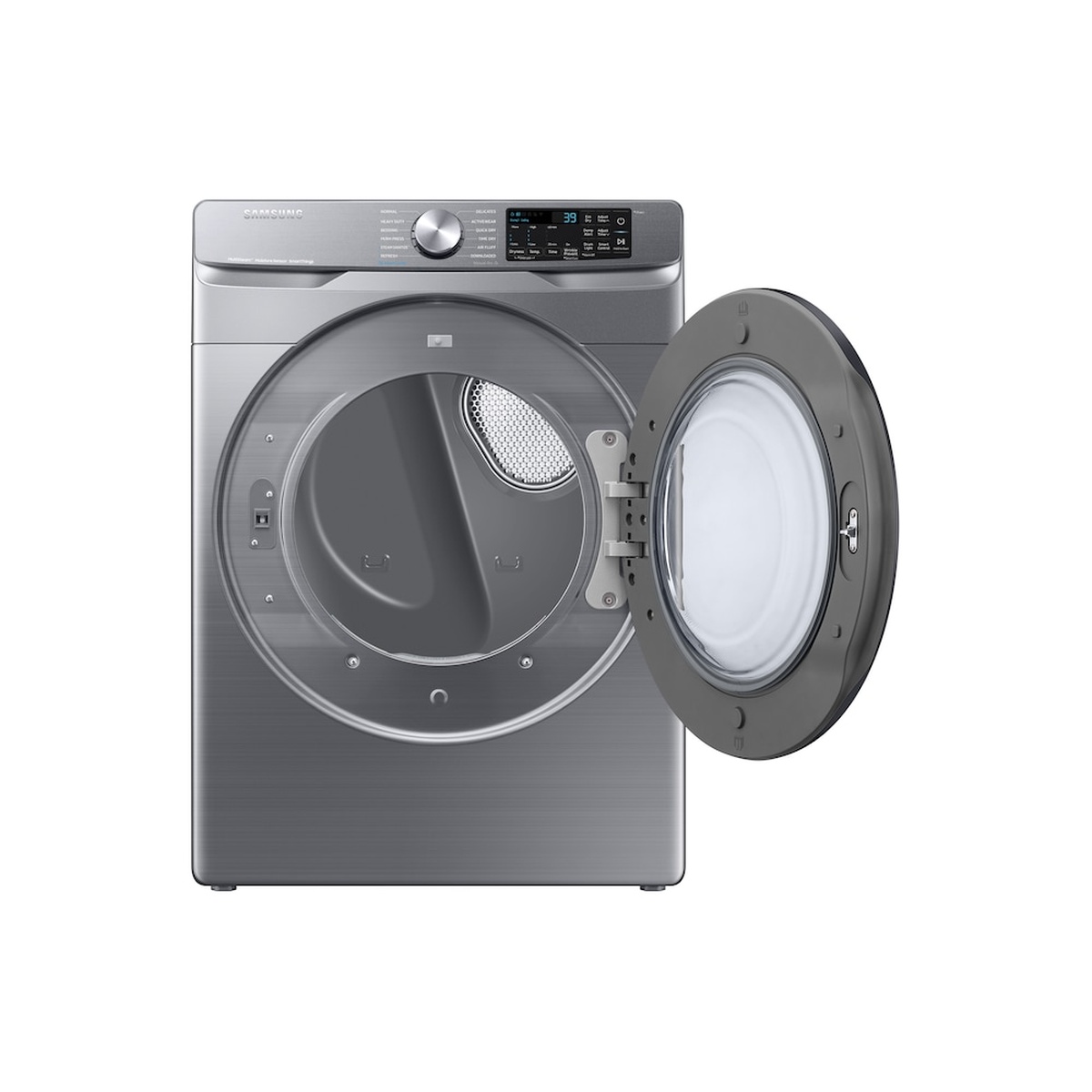 Samsung platinum front-load electric dryer with the door open, showing the drum opening and front control panel with dial and digital display