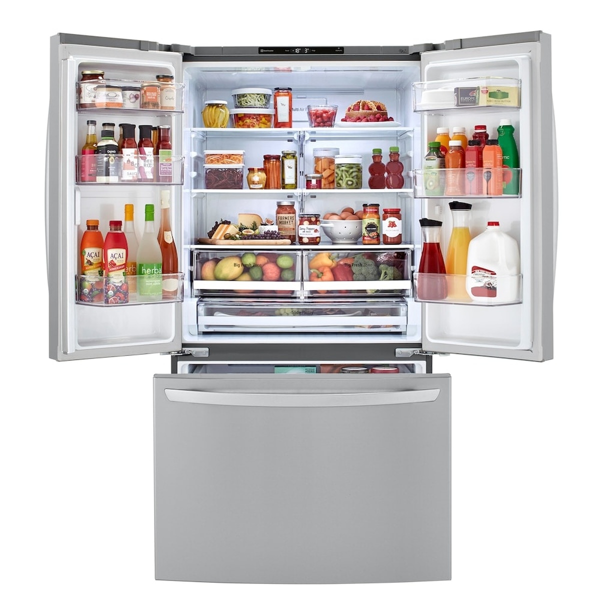 Open LG French-door refrigerator showing adjustable shelves, door bins, two clear crisper drawers labeled Big Fresh Zone, and a wide slide pantry drawer