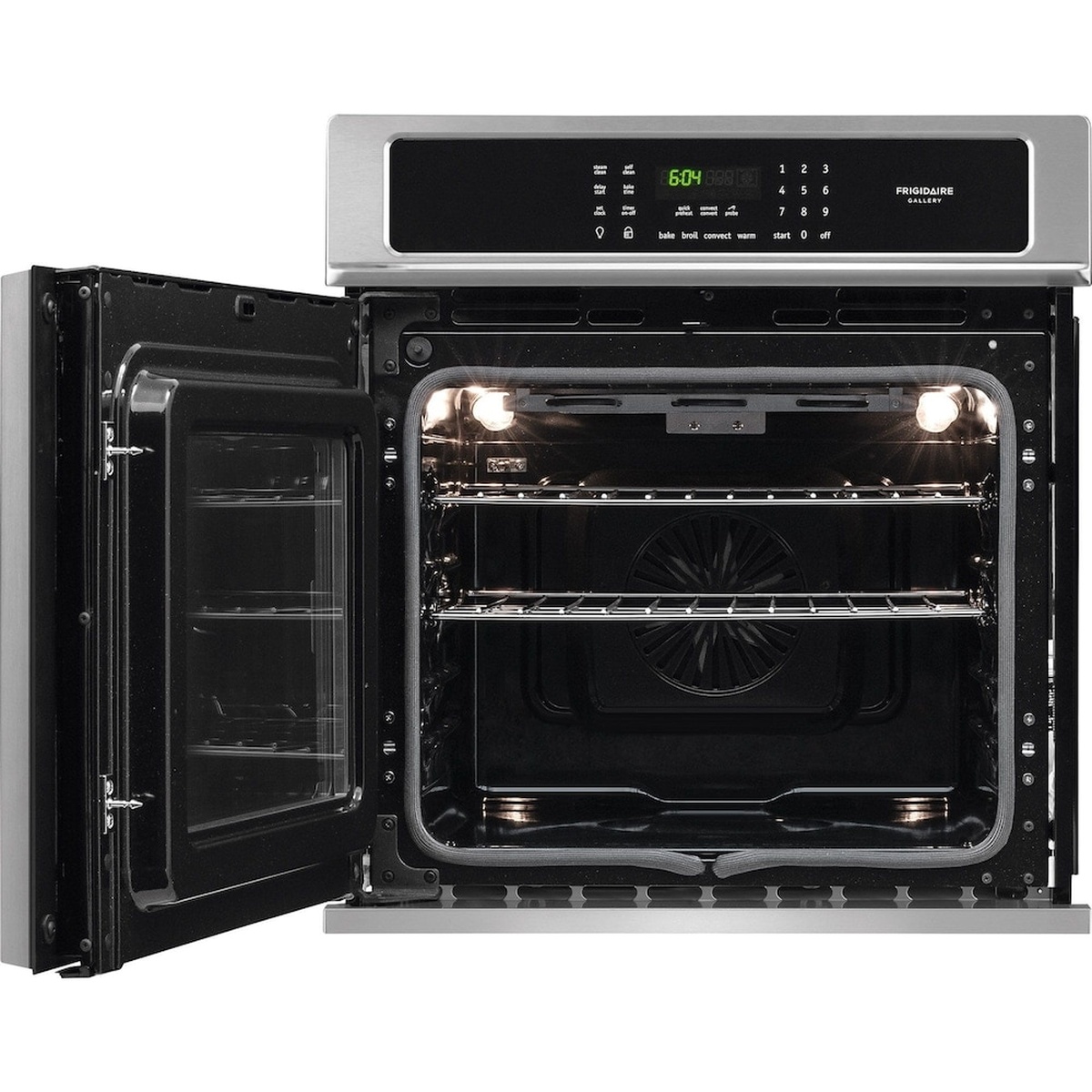 Frigidaire Gallery wall oven with the side swing door open, showing two racks, interior lights, and the rear convection fan cover