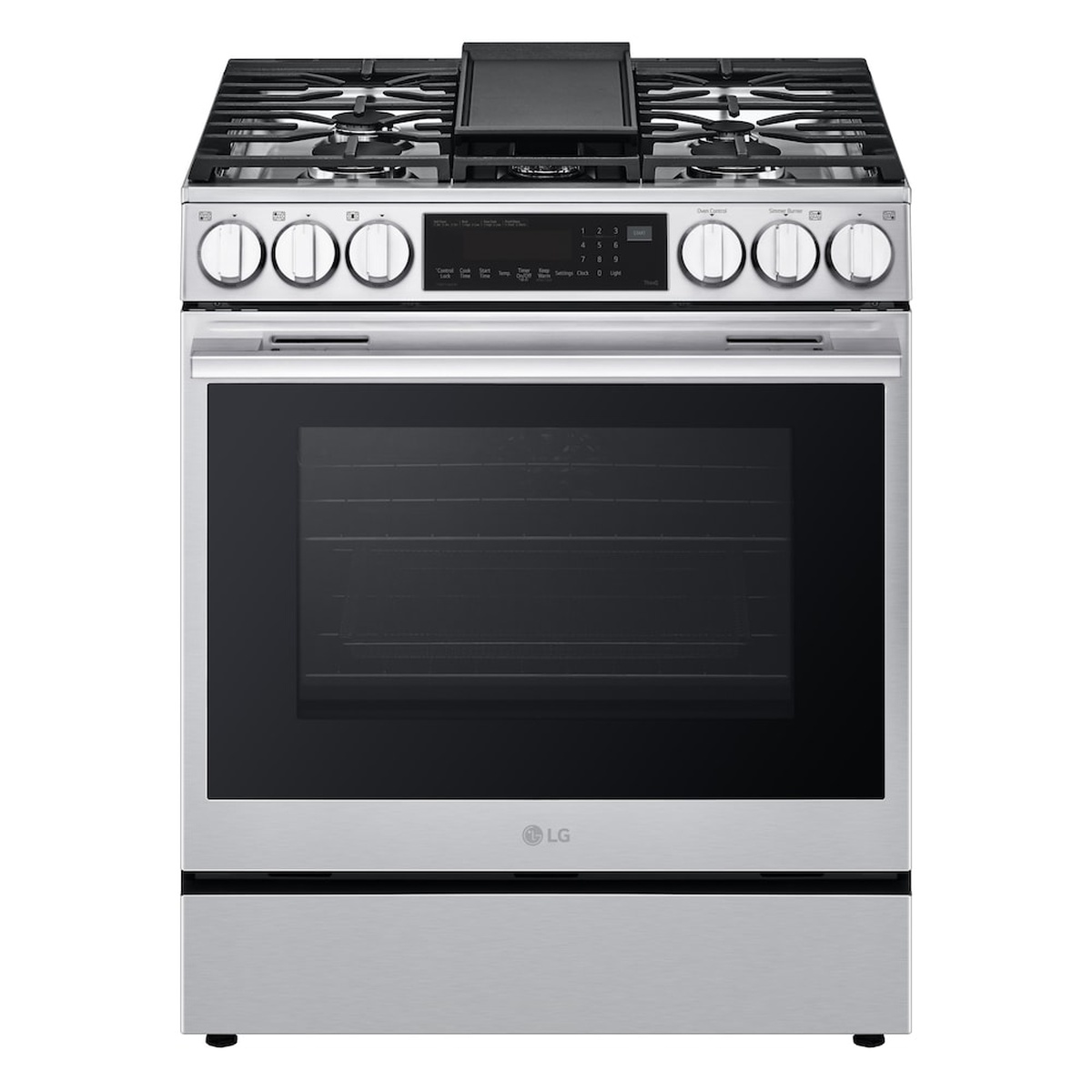 Front view of an LG stainless steel slide-in gas range with five burner grates, a center griddle plate, front knobs, and a wide oven window