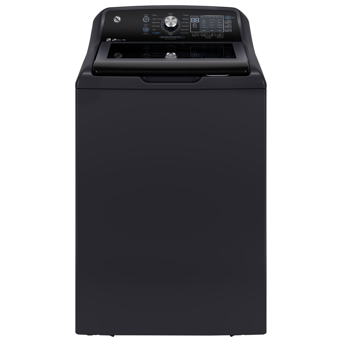 Front view of the GE diamond grey top-load washer with tinted lid and rear control console