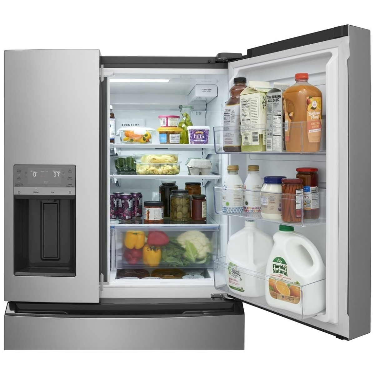 Refrigerator with one fresh-food door open showing door bins, shelves, and produce drawers