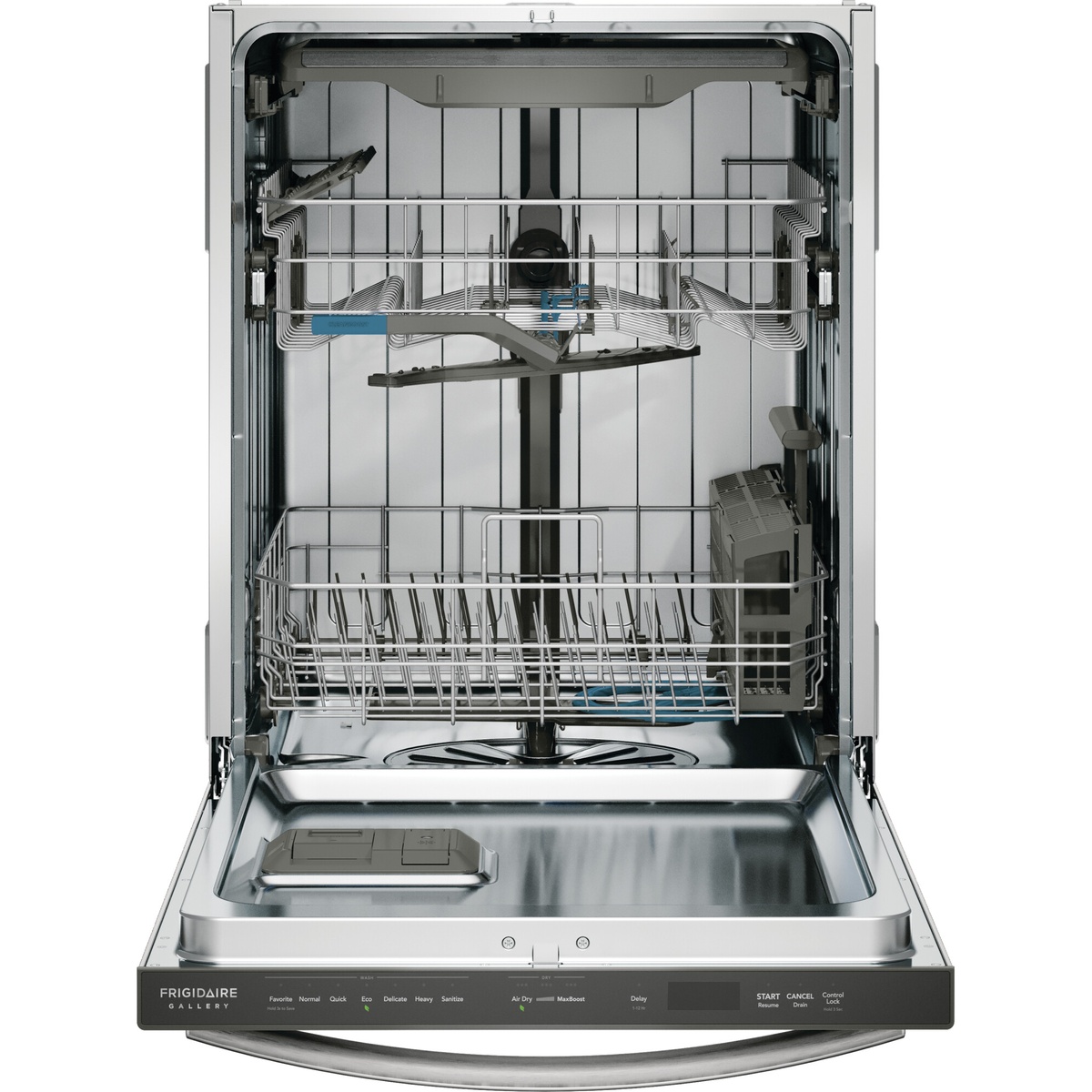 Open Frigidaire Gallery dishwasher showing stainless interior with upper and lower racks and a top control panel on the door edge