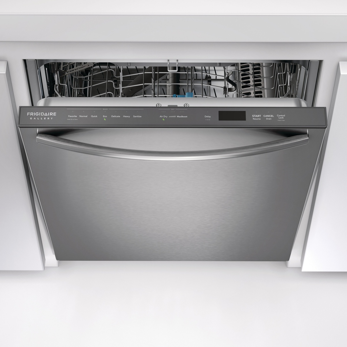 Frigidaire Gallery dishwasher installed under a counter with a top control panel and stainless front