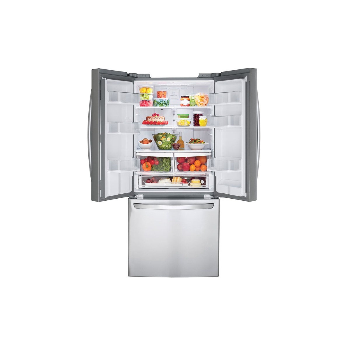 Open LG French door refrigerator interior showing shelves, door bins, and crisper drawers with food stored inside