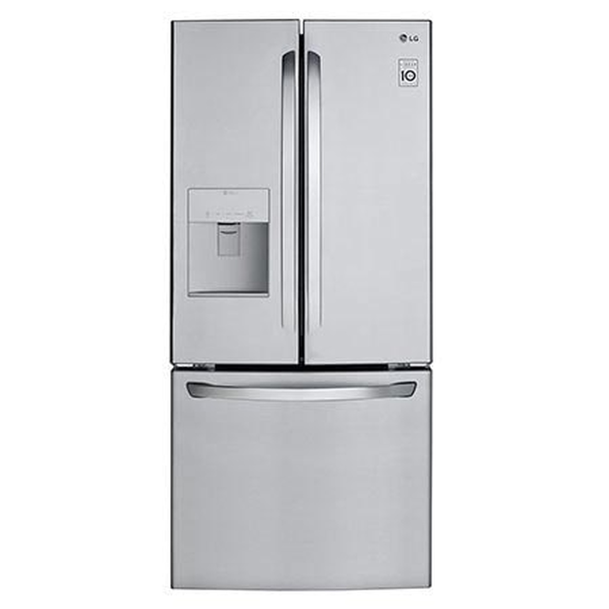 Front view of an LG stainless steel French door refrigerator with an external water dispenser and a bottom freezer drawer