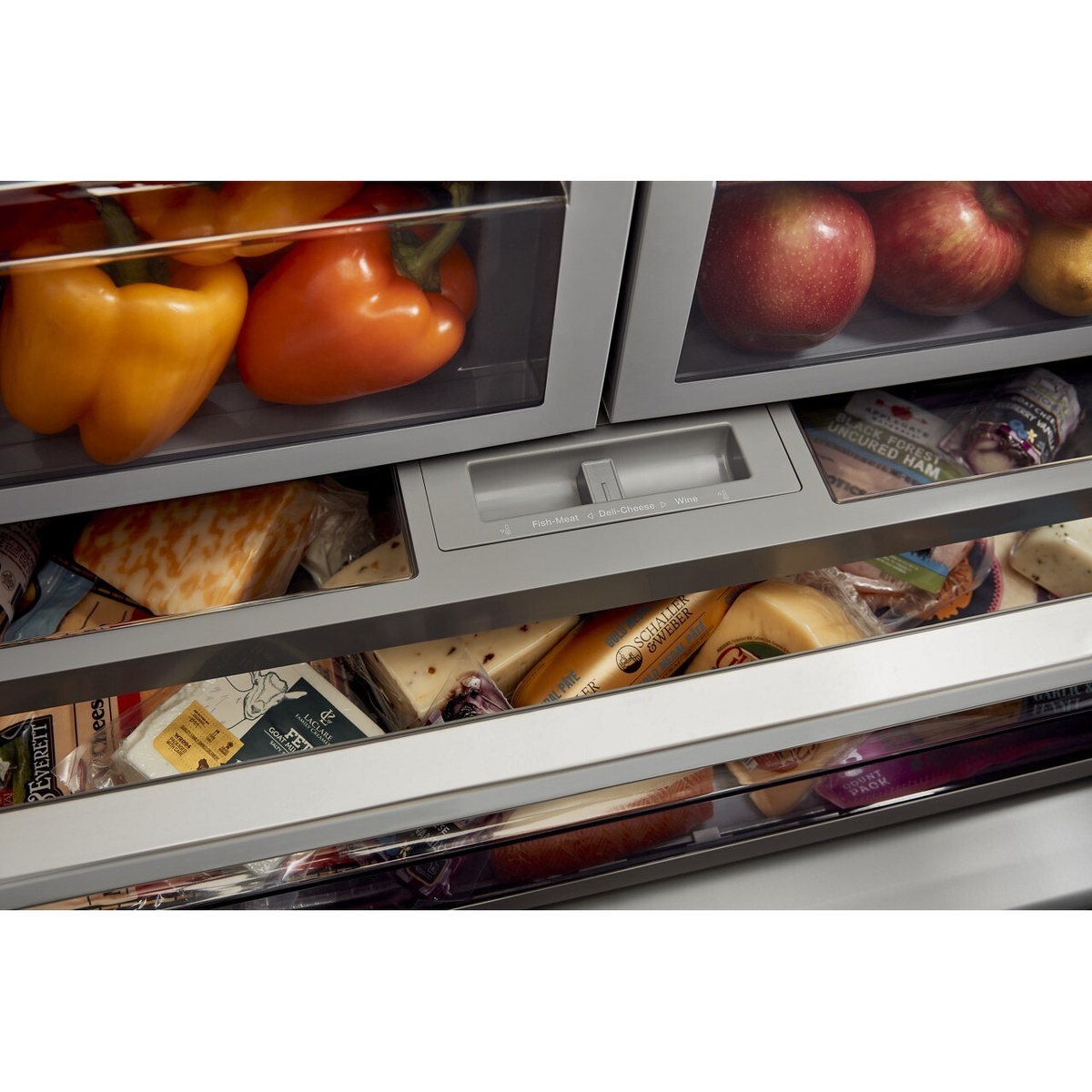 Close-up of the full-width pantry drawer with a temperature selector labeled Fish-Meat, Deli-Cheese, and Wine