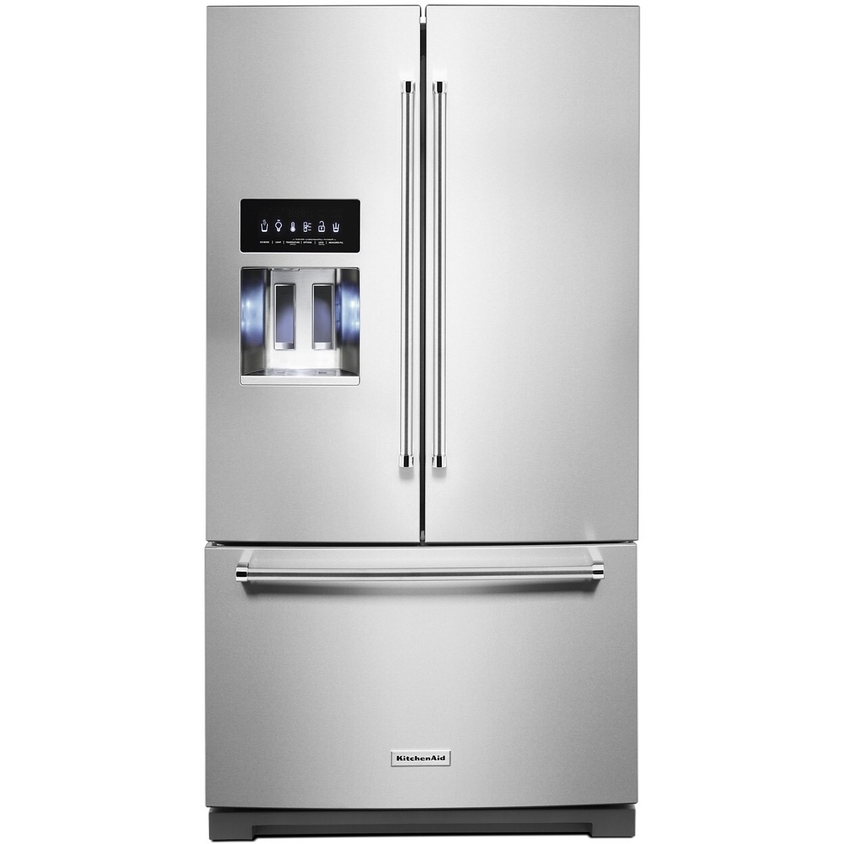 Front view of a KitchenAid stainless steel French door refrigerator with an exterior ice and water dispenser