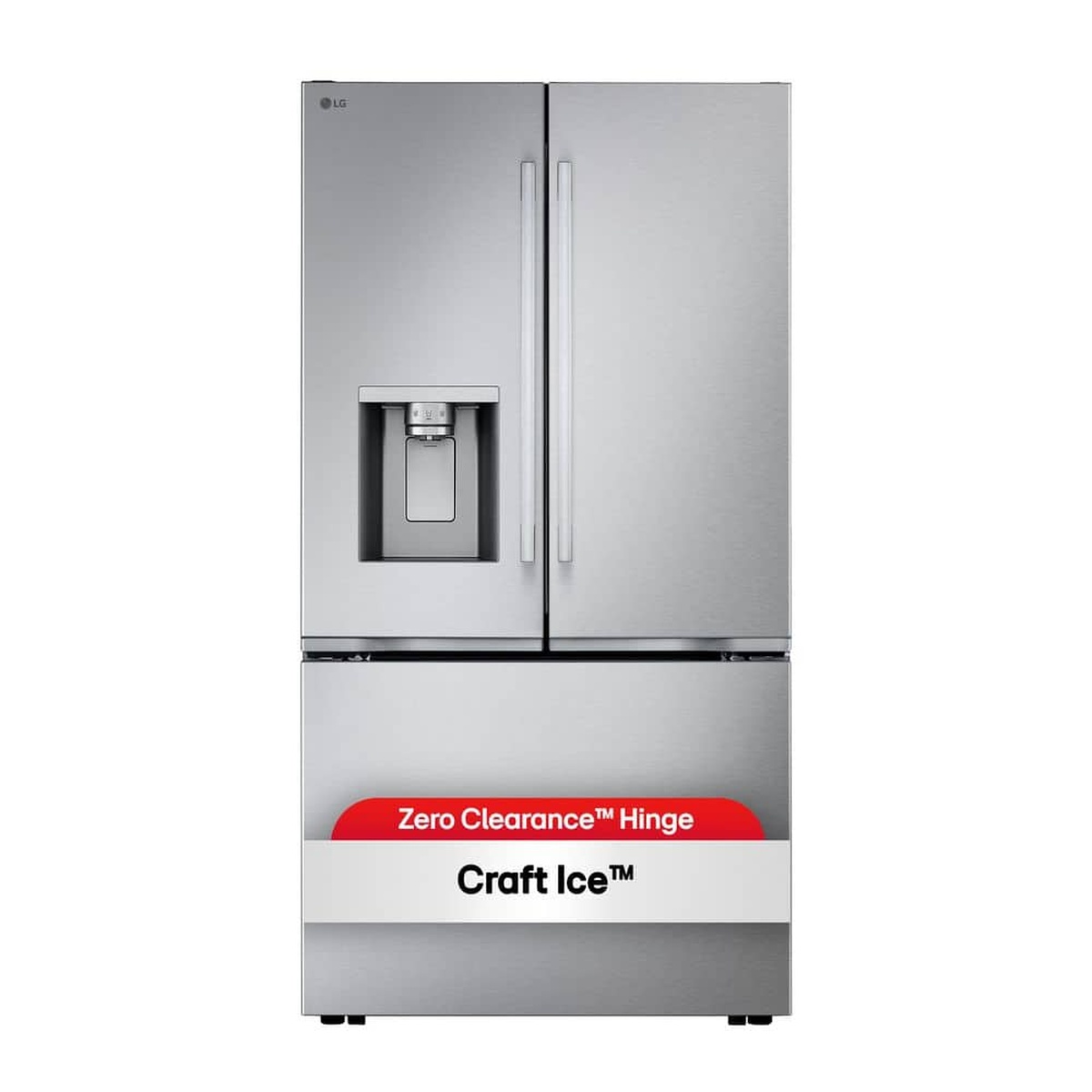 Front view of an LG 3-door French door refrigerator with an external ice and water dispenser, labeled Zero Clearance Hinge and Craft Ice