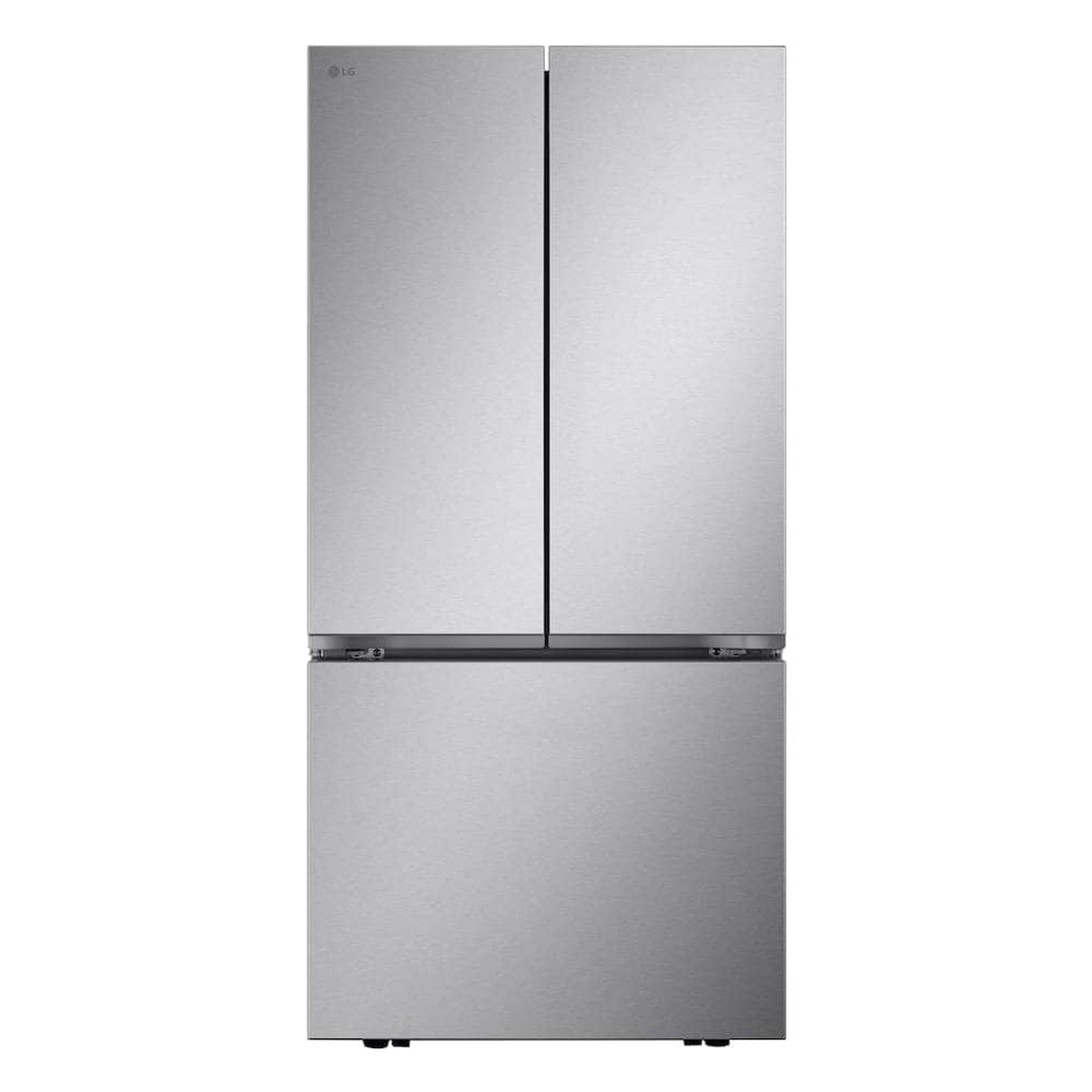 Front view of an LG stainless steel French door refrigerator with flat panel doors, pocket handles, and a bottom freezer