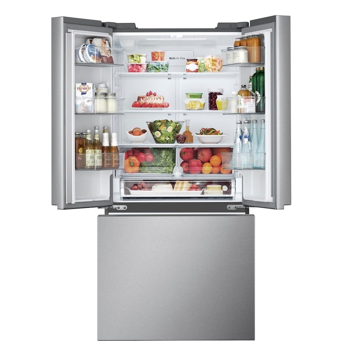 LG French door refrigerator with both doors and the bottom freezer drawer open, showing shelves, door bins, crispers, and a deli drawer