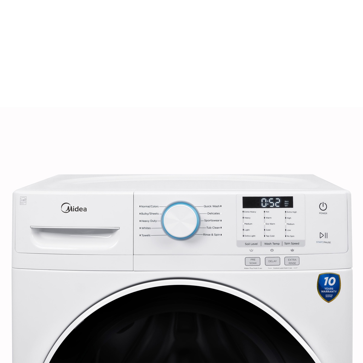 Close-up of the Midea washer control panel with cycle dial, digital time display, and option buttons