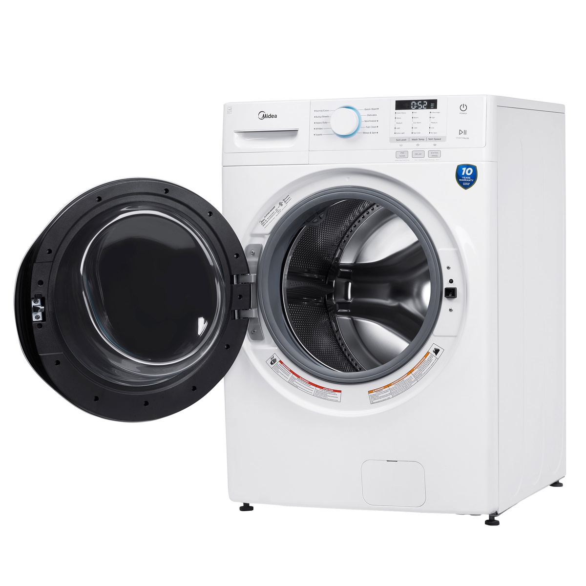 Midea white front-load washer shown with the door open, revealing the stainless steel drum