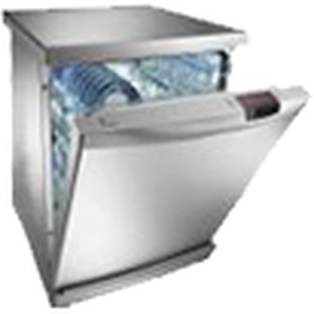 Stainless steel built-in dishwasher shown with the door open and interior racks visible