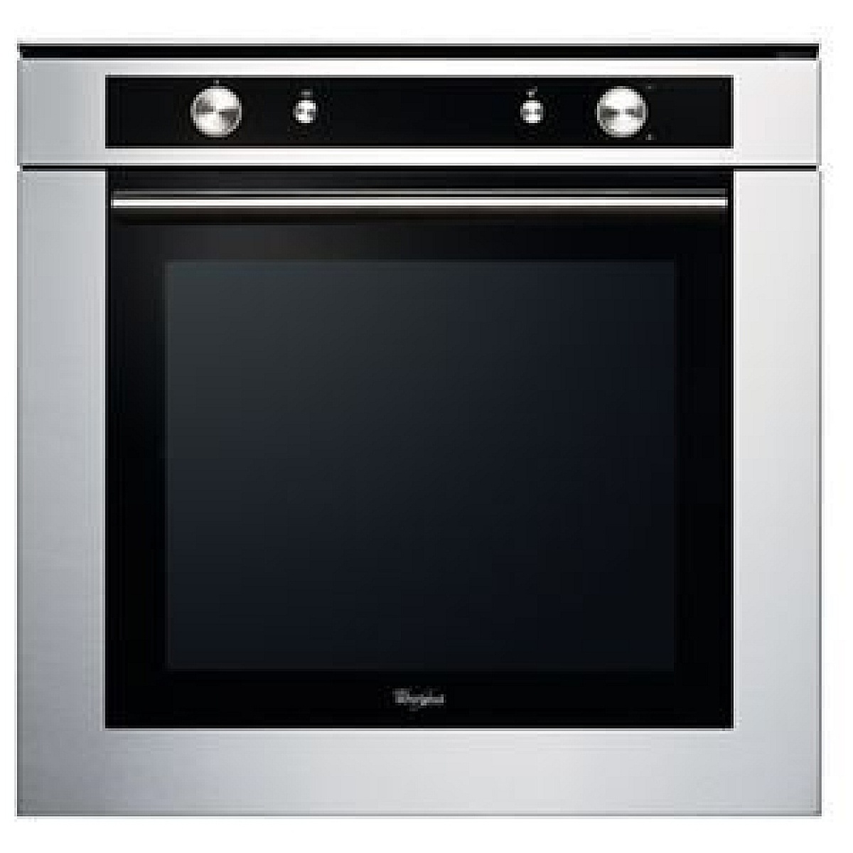 Angled front view of a Whirlpool stainless steel built-in wall oven showing the control strip with two knobs and the large door window