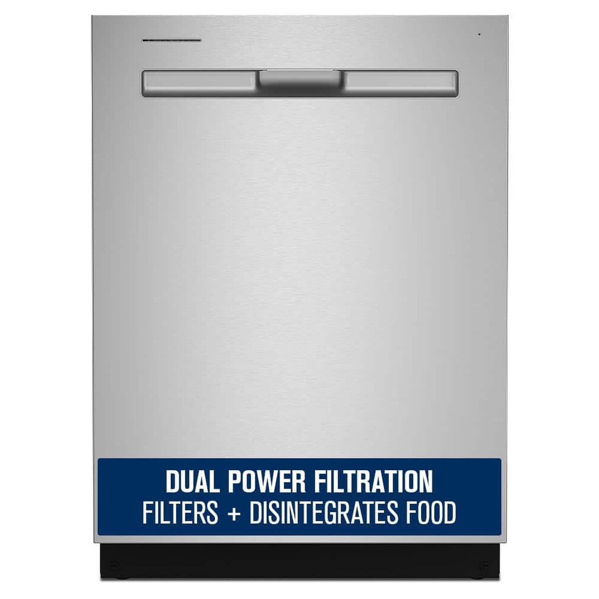 Front view of a Maytag fingerprint resistant stainless steel built-in dishwasher with pocket handle and Dual Power Filtration label