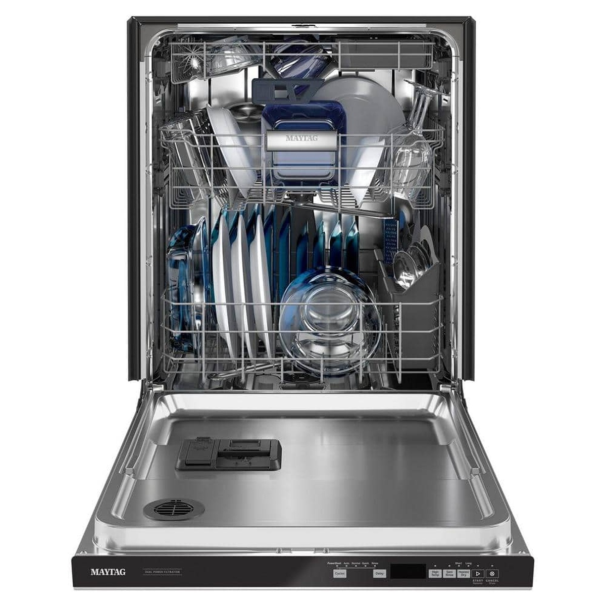 Open Maytag built-in dishwasher showing three racks, stainless steel interior, and the top control panel along the door edge