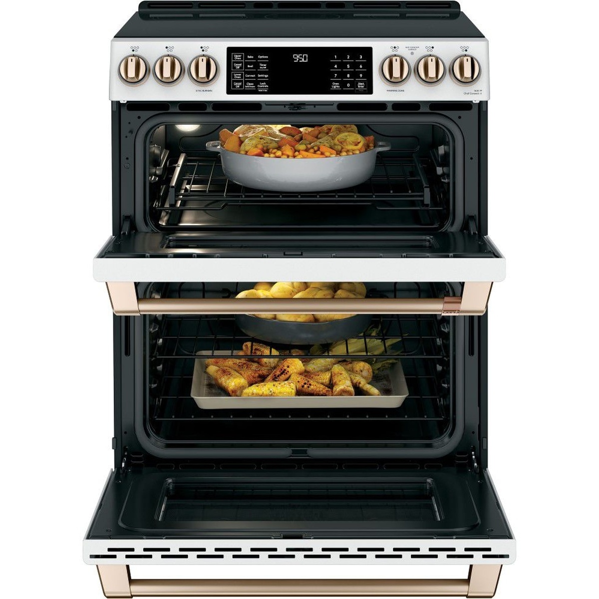 Café slide-in induction range with both oven doors open, showing two separate oven cavities with racks and interior lighting
