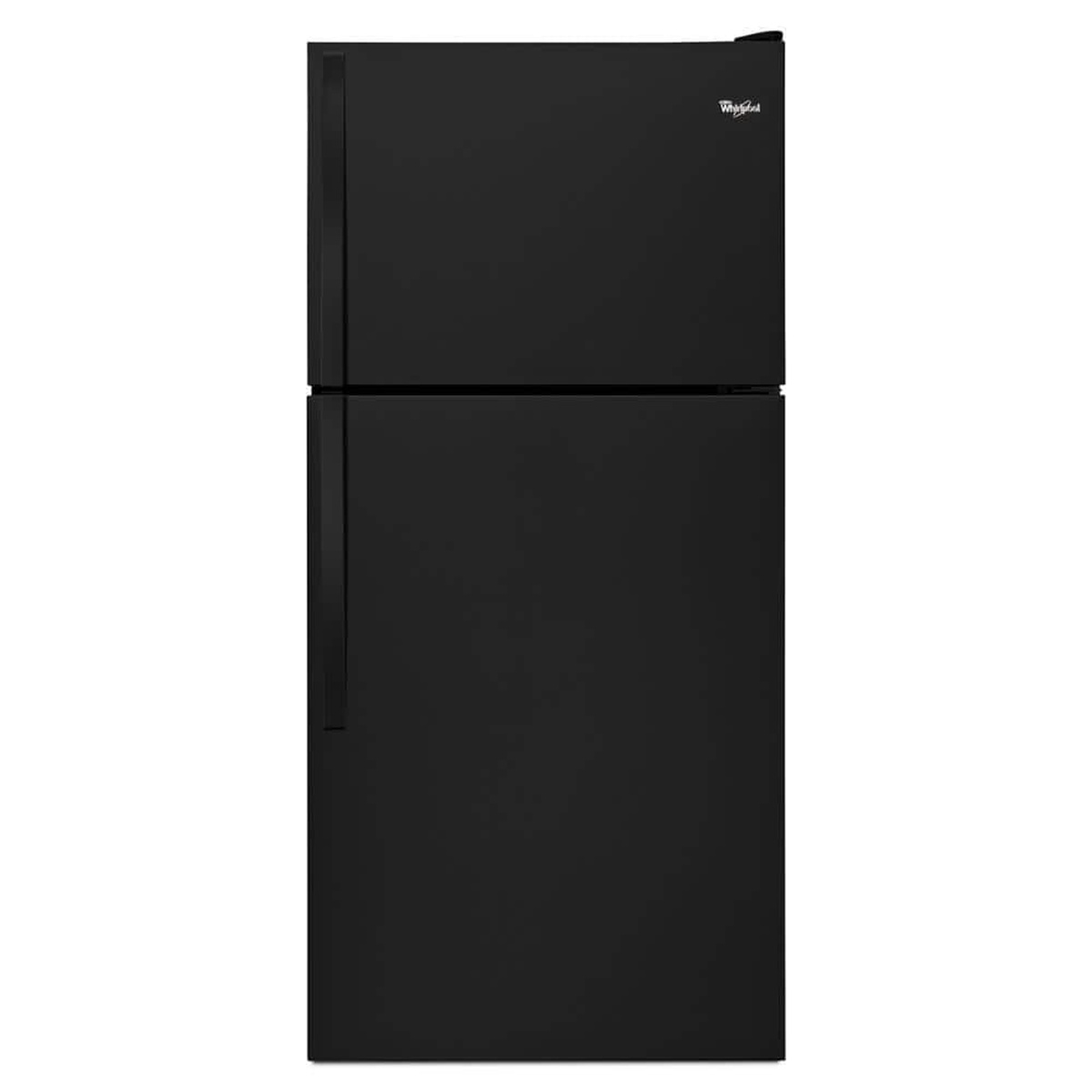 Front view of a black Whirlpool top-freezer refrigerator