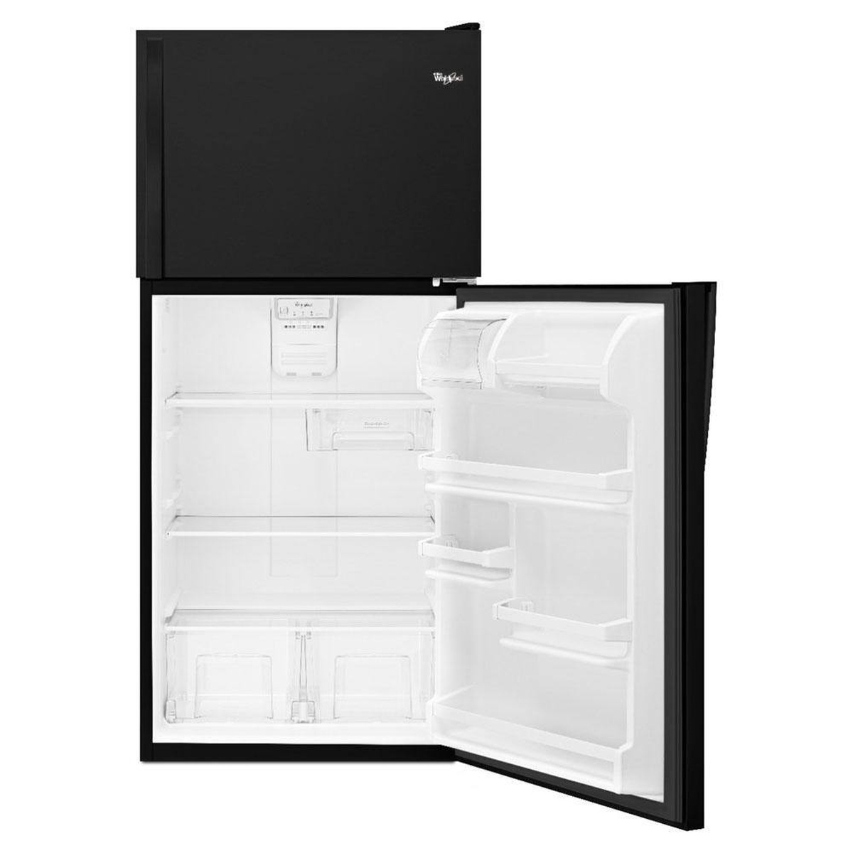 Open Whirlpool top-freezer refrigerator showing interior glass shelves, door bins, and crispers
