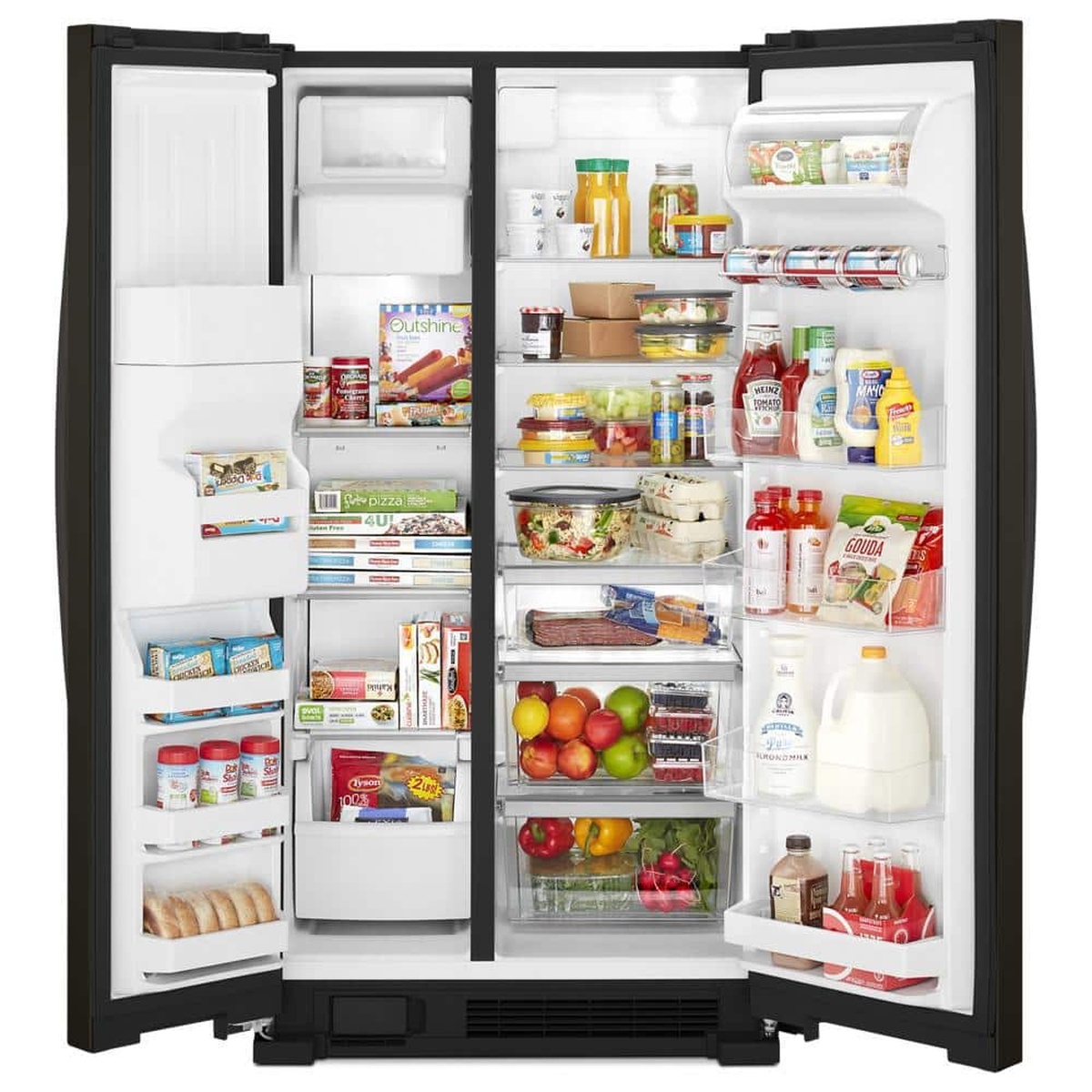 Open Whirlpool side-by-side refrigerator showing glass shelves, door bins, drawers, and in-door can storage