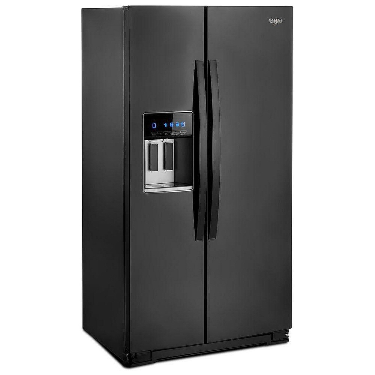 Angled front view of the black Whirlpool side-by-side refrigerator with an exterior ice and water dispenser