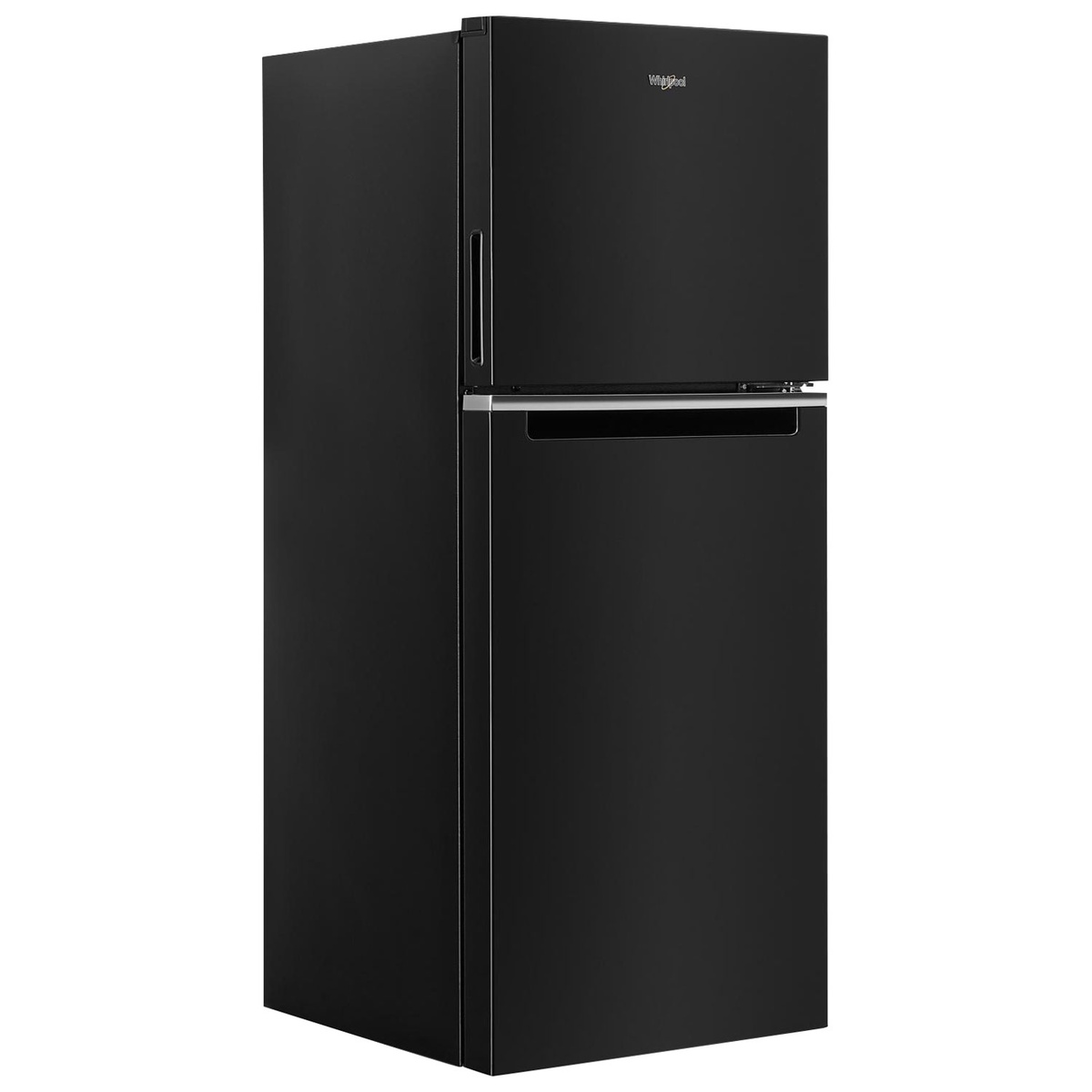 Angled view of a black Whirlpool top-freezer refrigerator with integrated handles