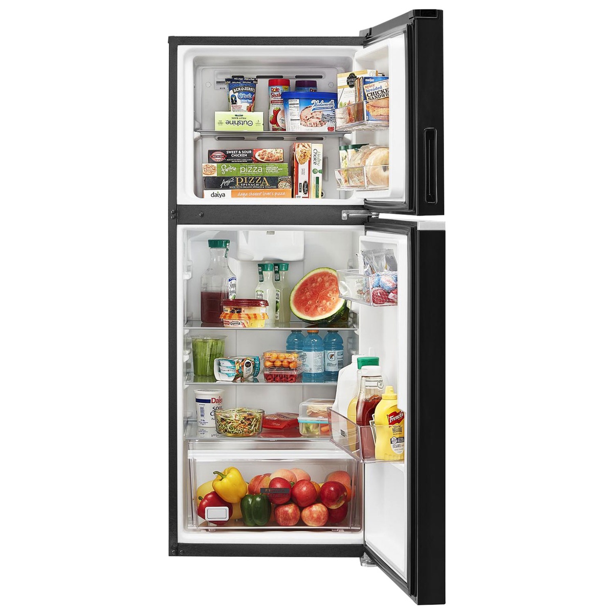 Open Whirlpool top-freezer refrigerator with food on the shelves, door bins, and a full-width produce drawer