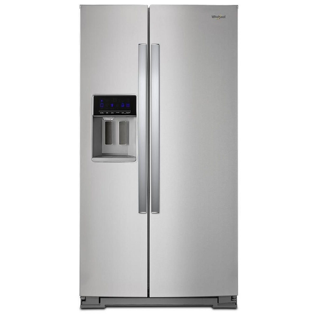 Front view of a Whirlpool stainless steel side-by-side refrigerator with exterior ice and water dispenser and two vertical handles