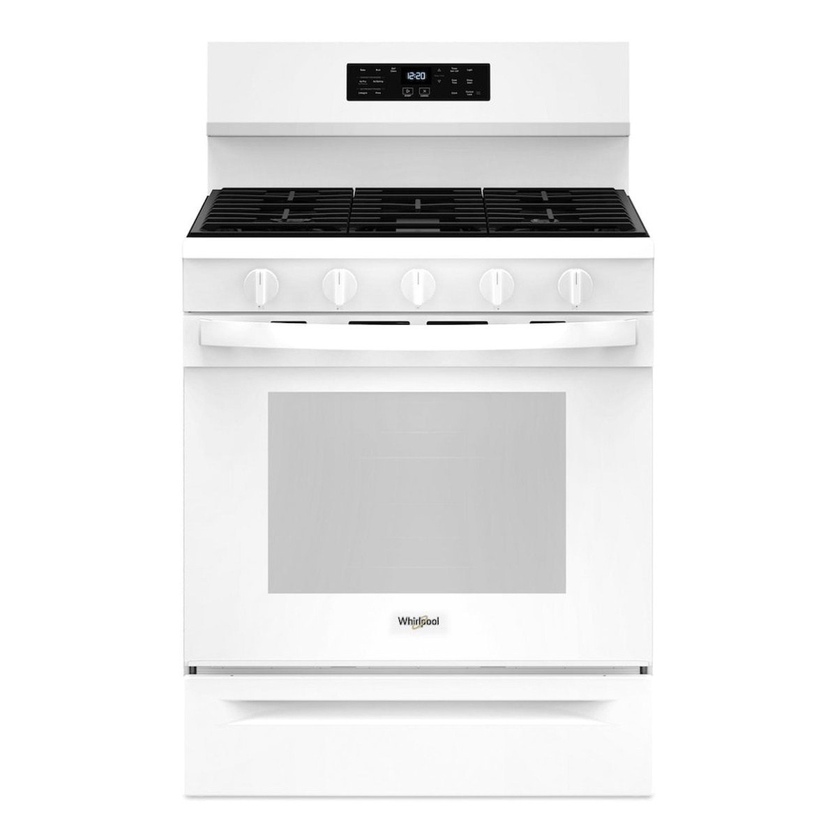 Front view of a white Whirlpool freestanding gas range with continuous black grates, five control knobs, a back-mounted digital control panel, oven window, and lower storage drawer