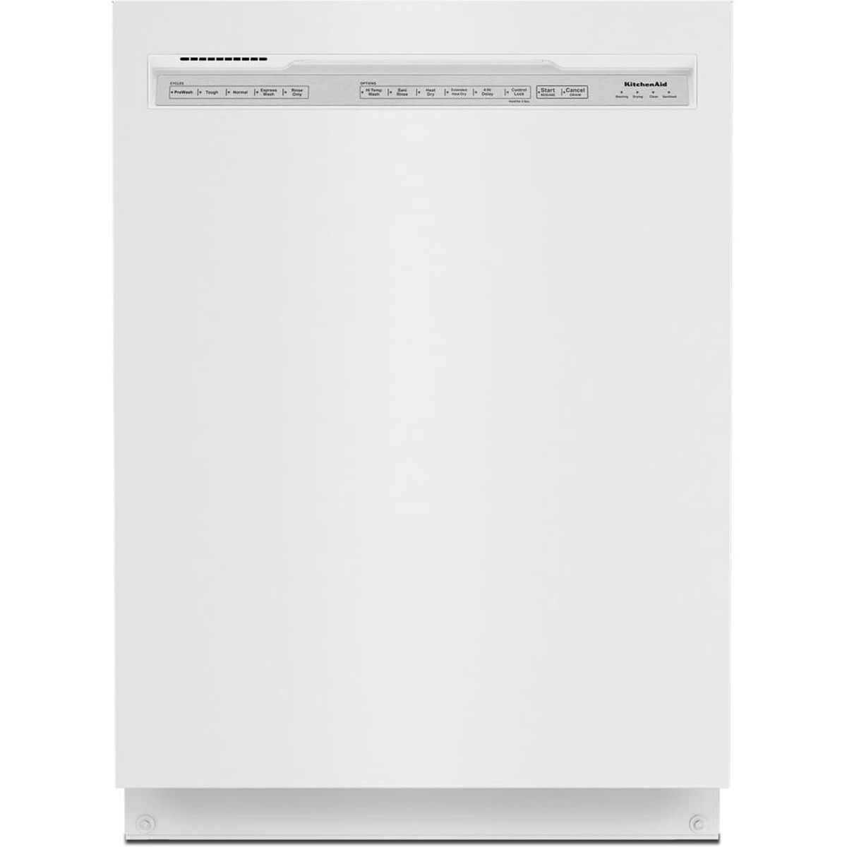 White KitchenAid dishwasher front with a full-width control panel at the top