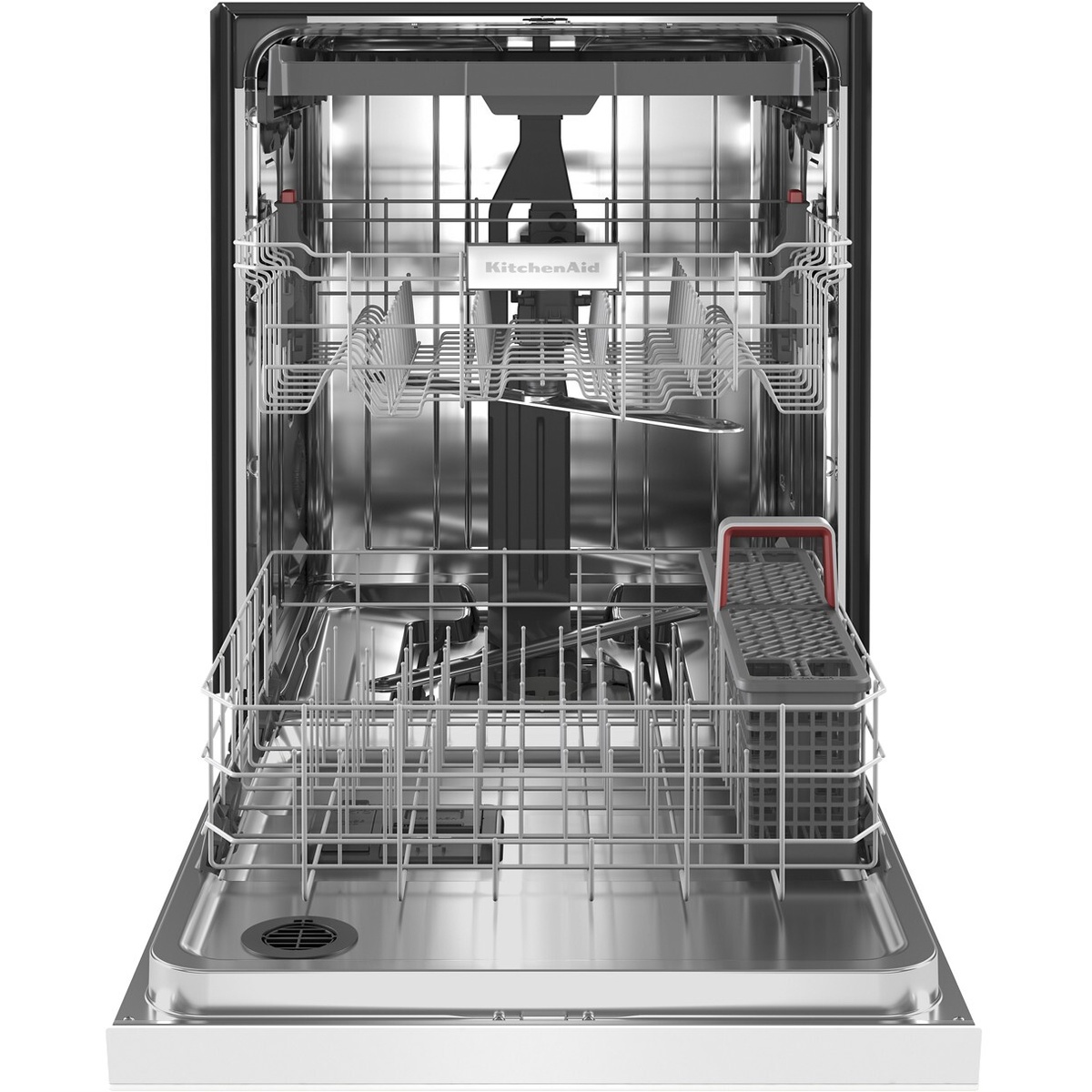 Open dishwasher interior showing stainless steel tub, upper rack, lower rack, and a silverware basket