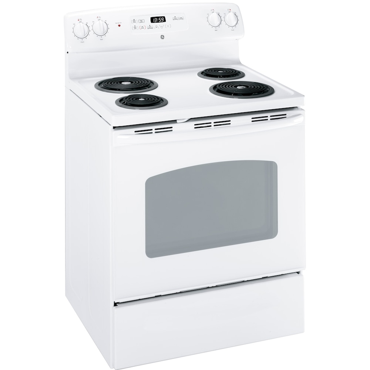 Angled view of a white GE freestanding electric range showing the coil cooktop, backguard controls, oven door window, and lower storage drawer