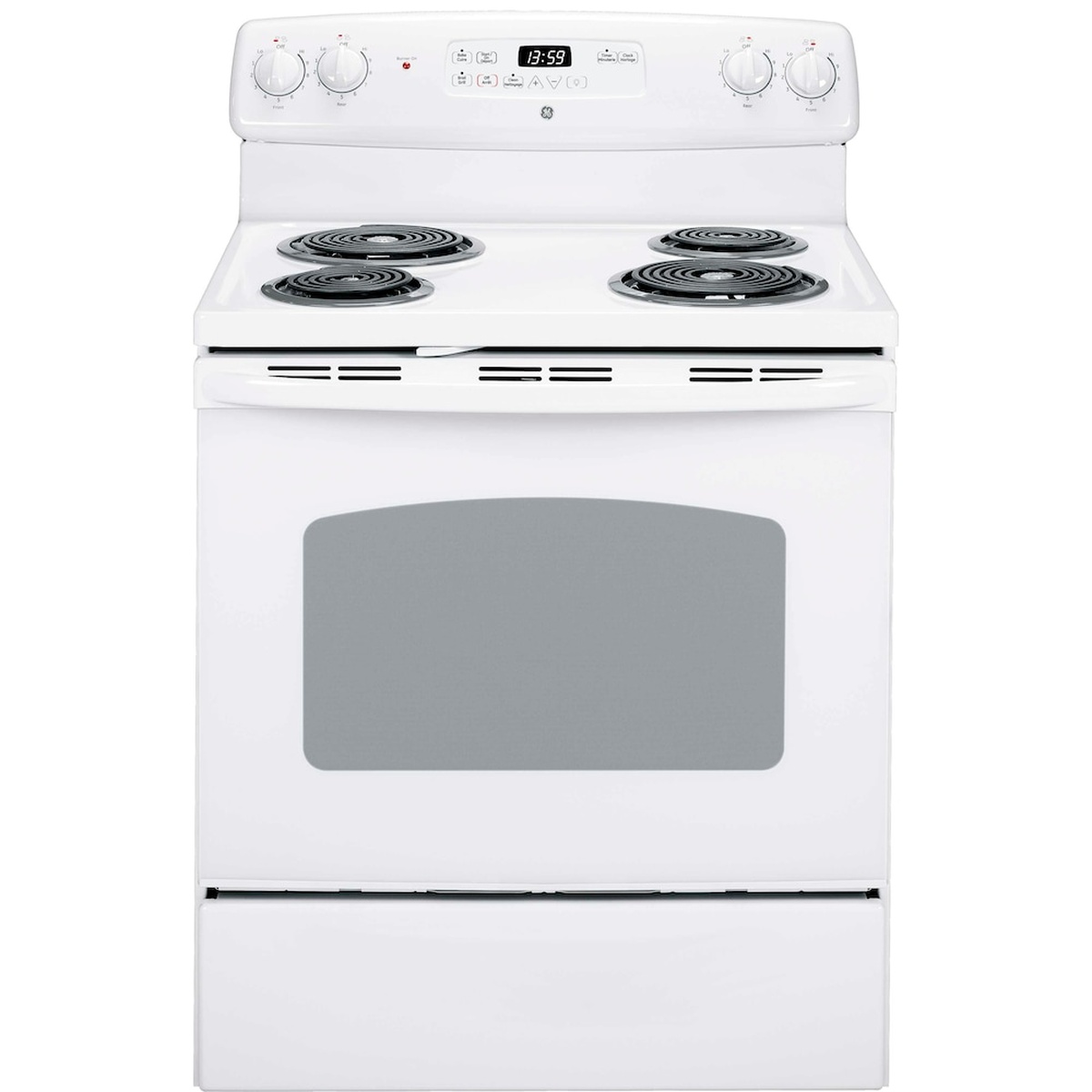 Front view of a white GE freestanding electric range with four coil elements, backguard rotary knobs and a digital clock display, oven window, and lower drawer