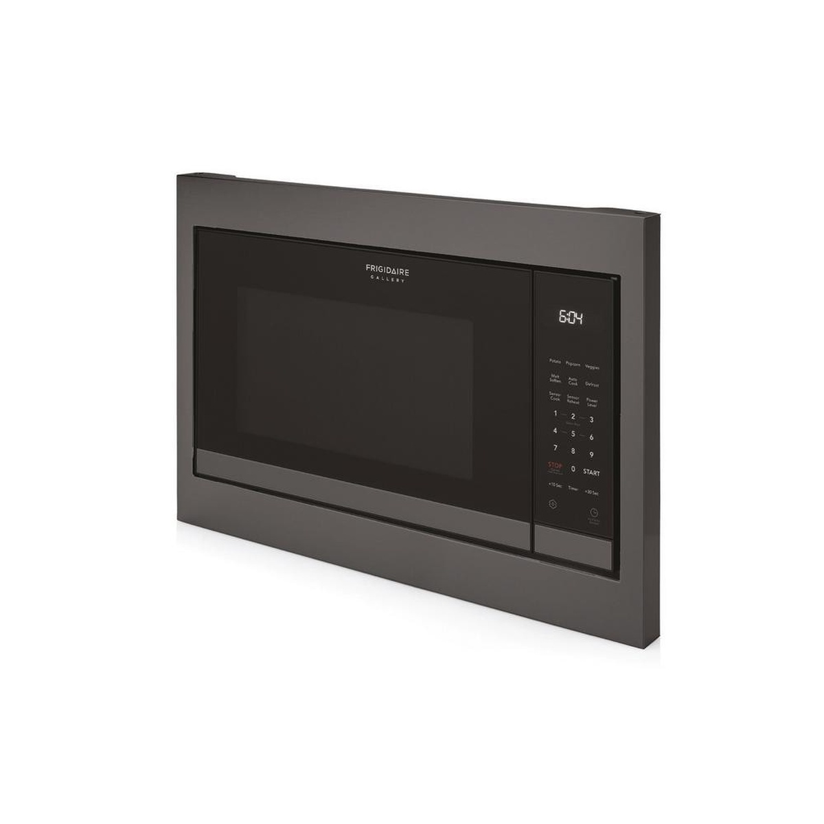 Frigidaire Gallery microwave shown framed by a dark stainless trim kit for a built-in appearance