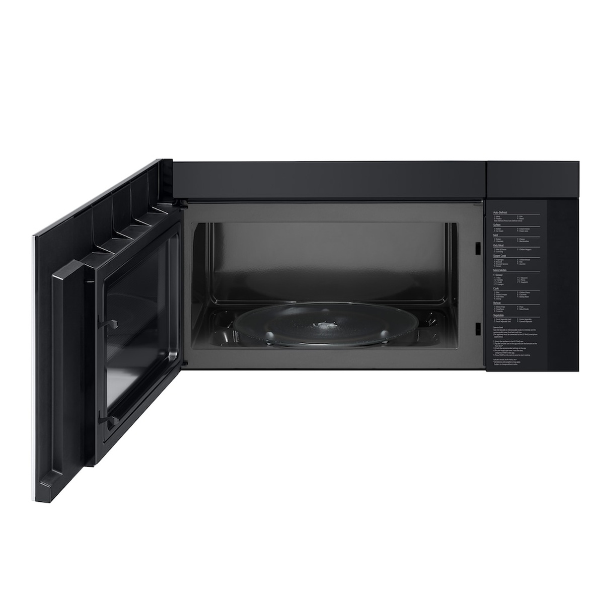 LG over-the-range microwave with the door open, showing the interior cavity and glass turntable