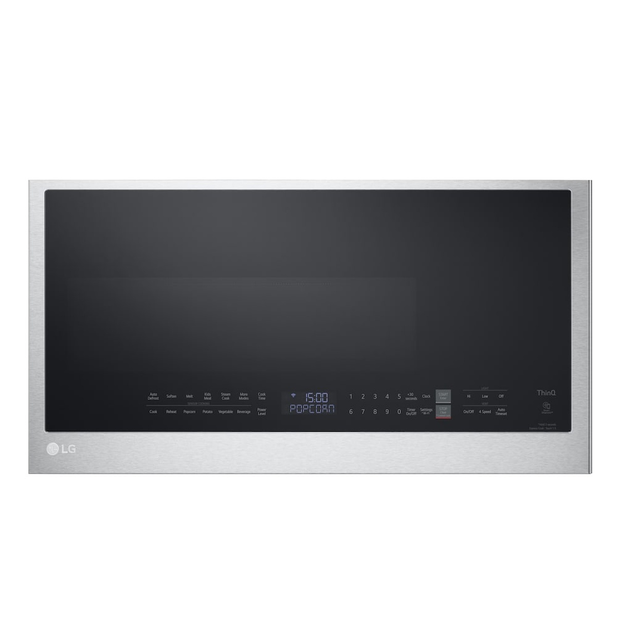 Front view of an LG over-the-range microwave in stainless steel with a wide dark window and touch control panel