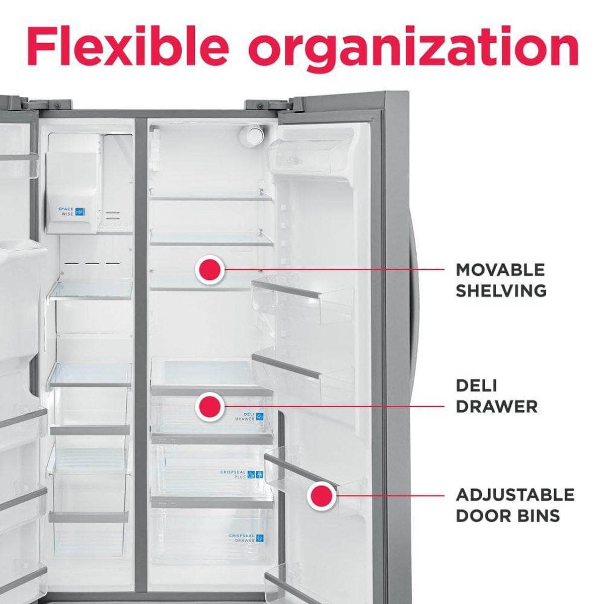 Inside view of the refrigerator showing adjustable shelving, a deli drawer, and adjustable door bins labeled for flexible organization