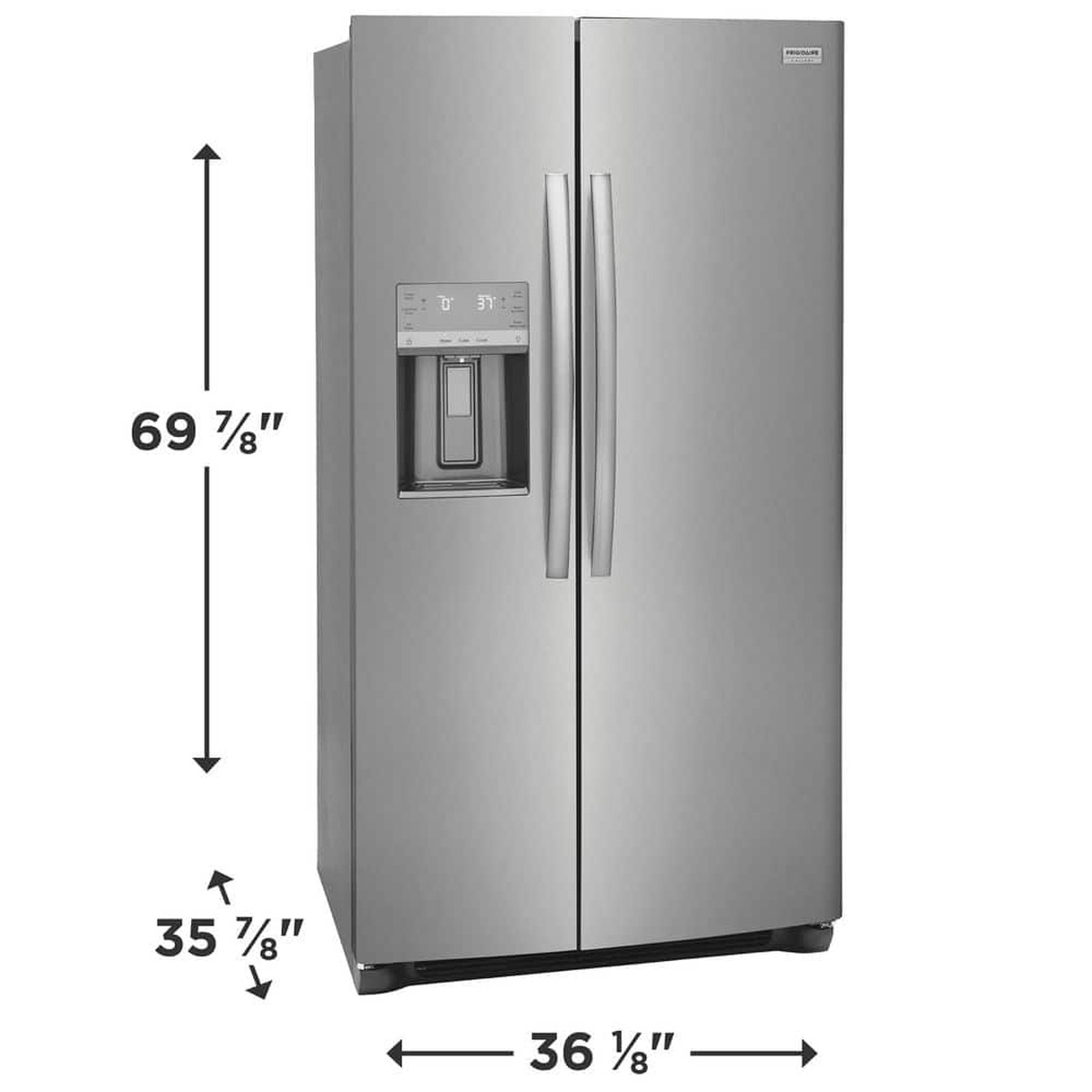 Front view of a stainless steel side-by-side refrigerator with an external dispenser and size callouts for height and width