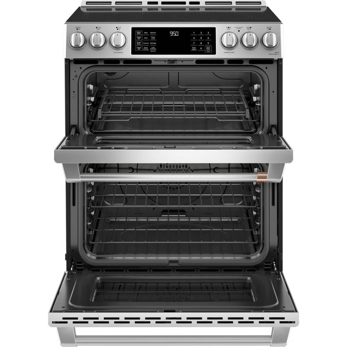 Café stainless slide-in range with both oven doors open, showing two separate oven cavities and racks