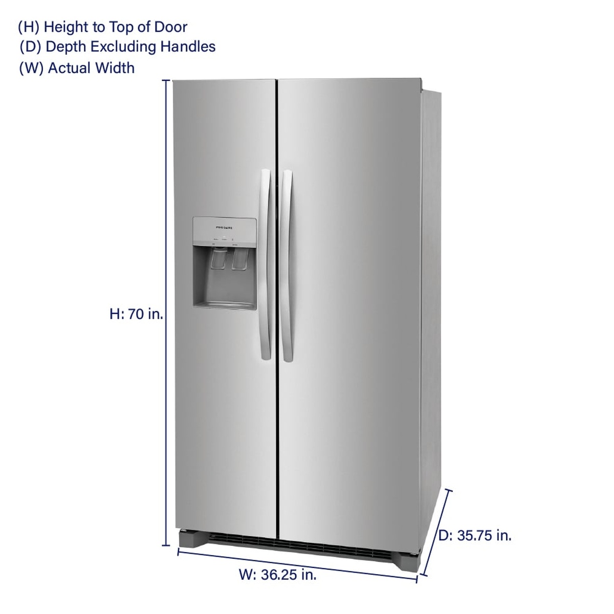Angled front view of the Frigidaire side-by-side refrigerator with a callout showing 70 in height, 36.25 in width, and 35.75 in depth